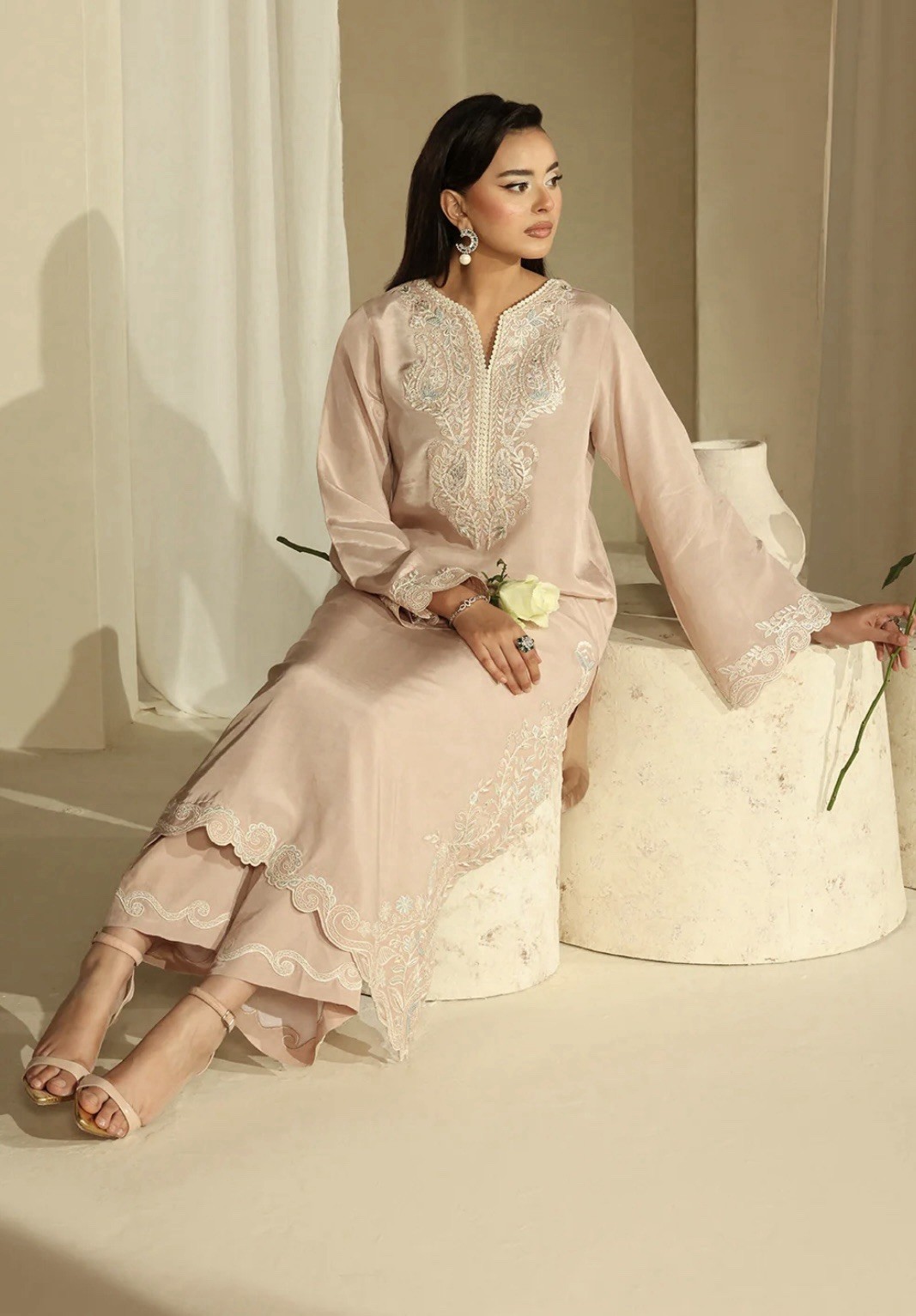 Beige Embroidered Raw Silk Pakistani Formal Outfit for Women