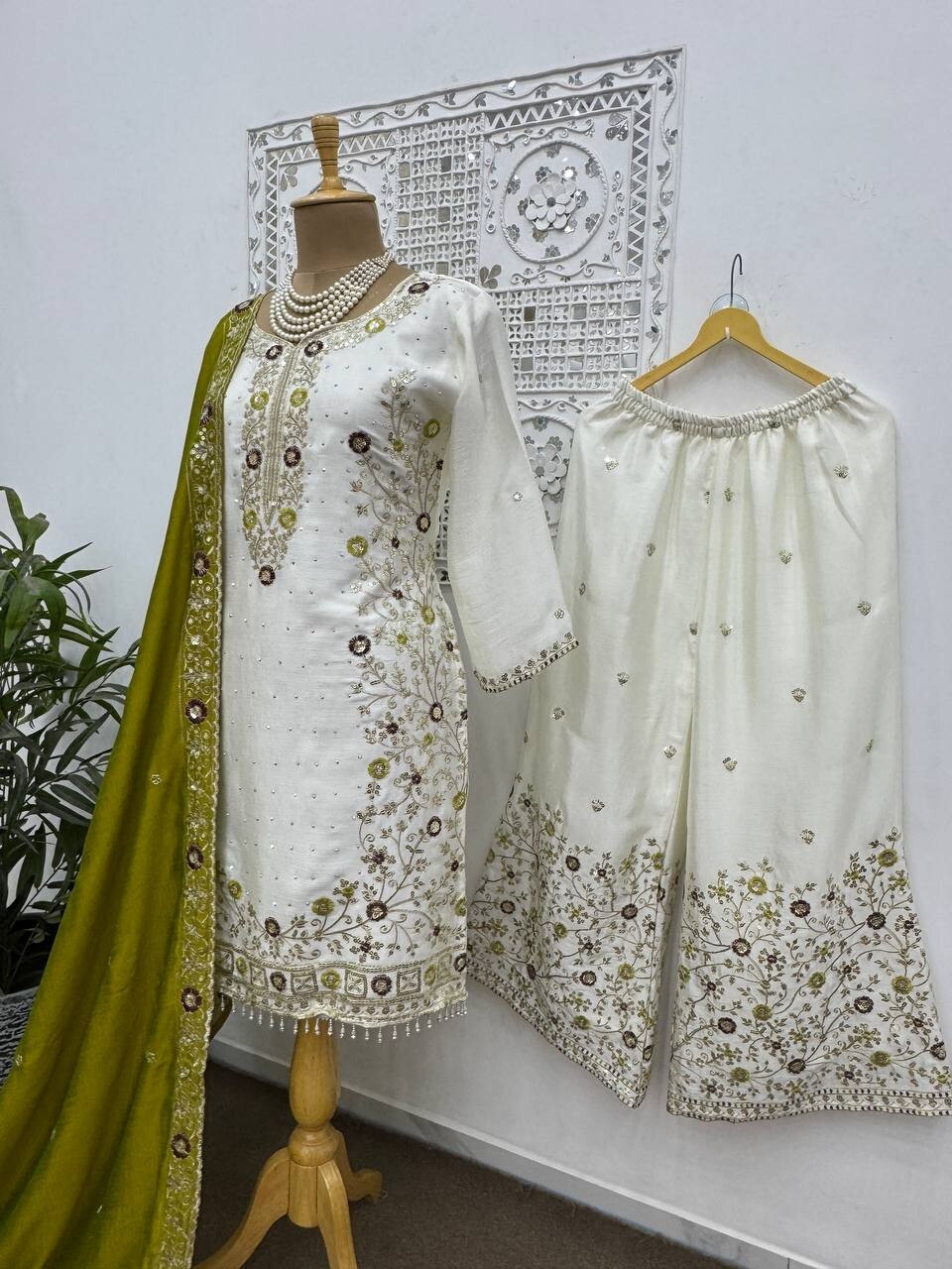 New Presenting Olive Green Chinon Silk Kurta Palazzo With Dupatta For Women