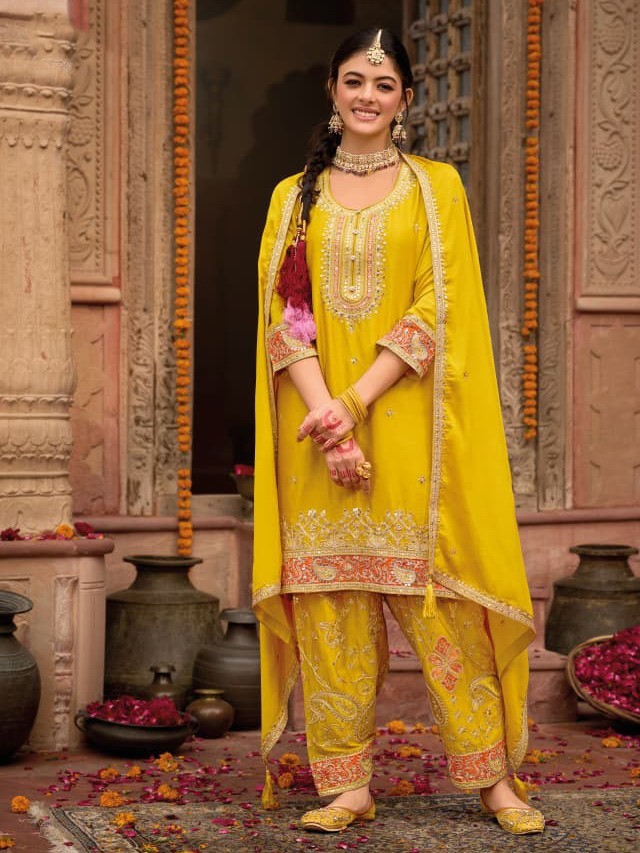 Designer Chinon Embroidered Suit – Top, Dupatta & Farshi | Festive Wear | suit
