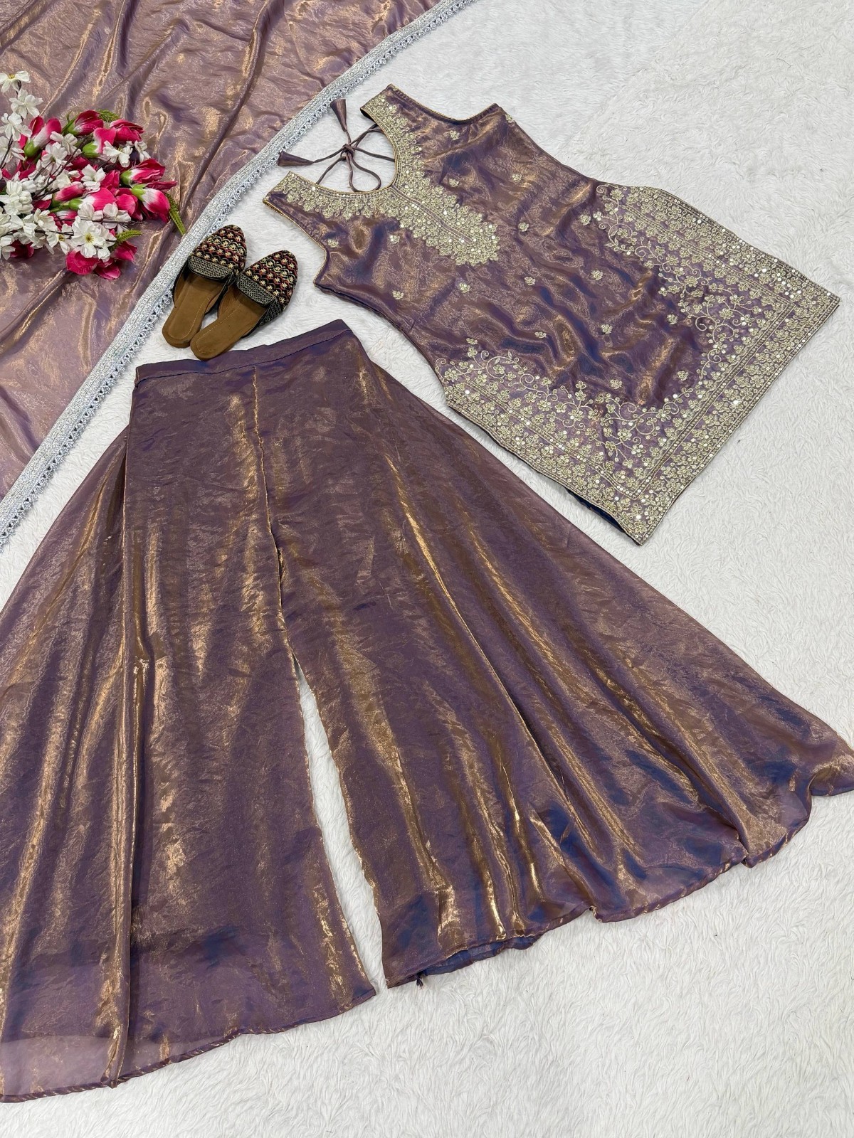 Attractive Purple Silk Top Palazzo With Dupatta For Party Wear