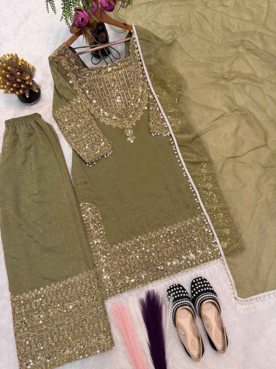 New Crunchy Silk Olive Green Top Palazzo With Dupatta For Reception Wear