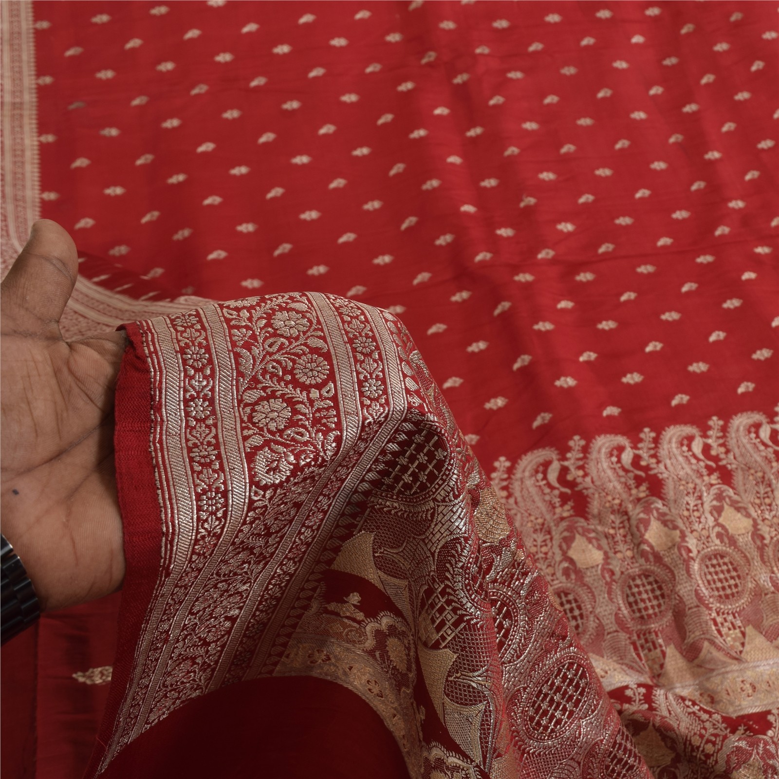 Sanskriti Vintage Red Sarees Pure Satin Silk Brocade/Banarasi Woven Sari Fabric