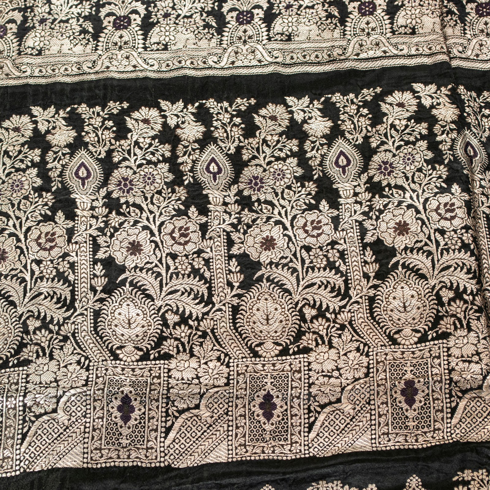 Sanskriti Vintage Black Pure Satin Sarees Banarasi Brocade Zari Hand-Woven 5+Yd