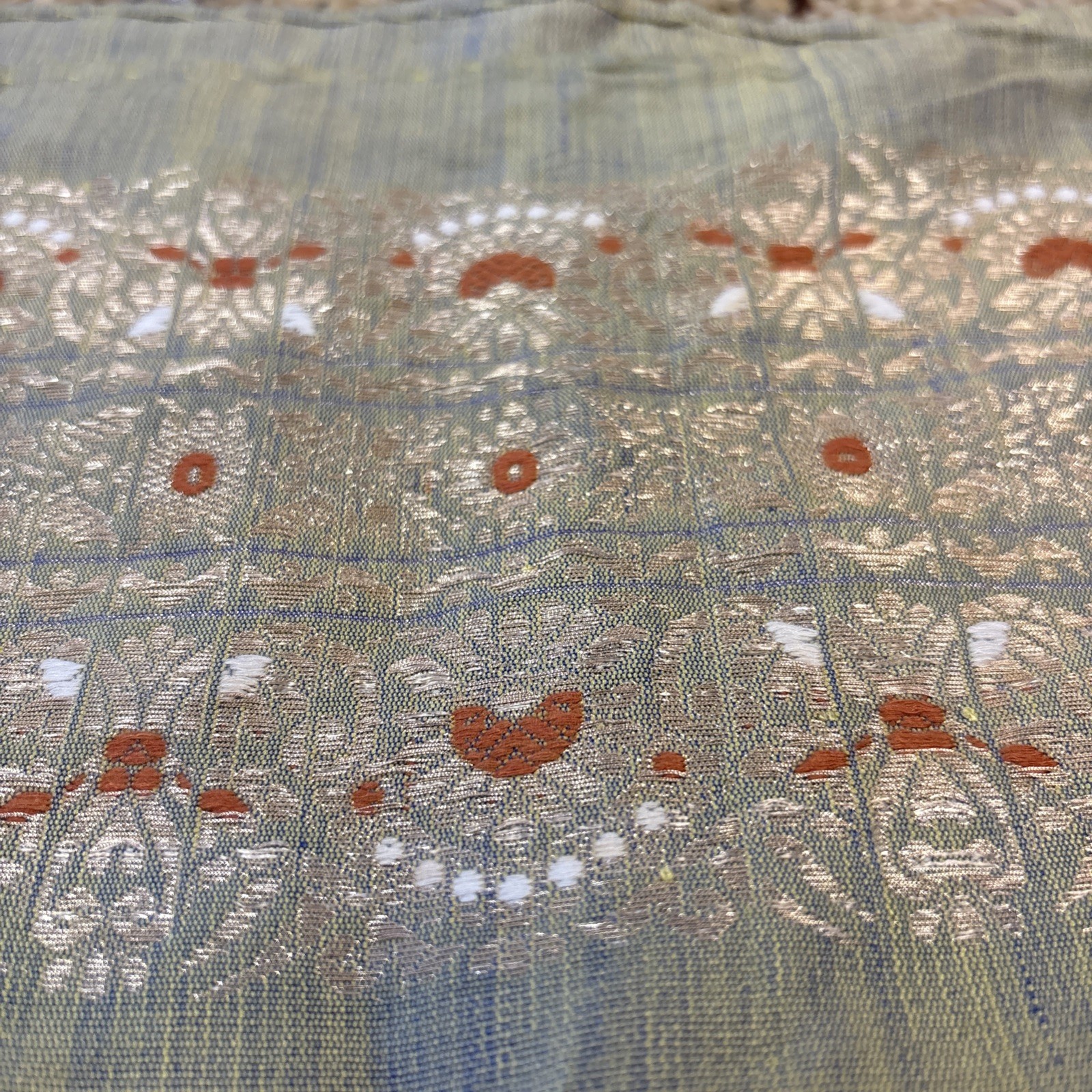 Banarasi Katan Silk Sari Material Fabric Woven 35” X 103” Green Blue Orange Gold
