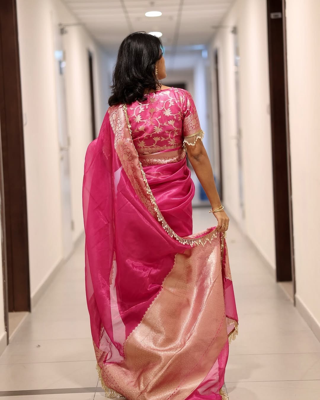 Premium Banarasi Tissue Silk Saree Pink Designer Lace Border Wedding Wear Sari
