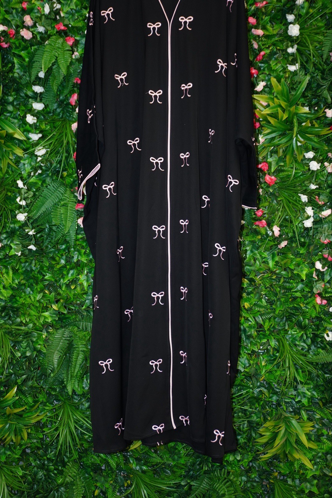 Black abaya for Women with Pink Bow Pattern, V-Neck, Long Sleeves, all Sizes