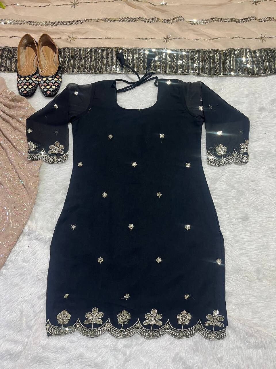 Latest Malay Satin Silk With Sequence Work Black Top-Dhoti And Dupatta For Women