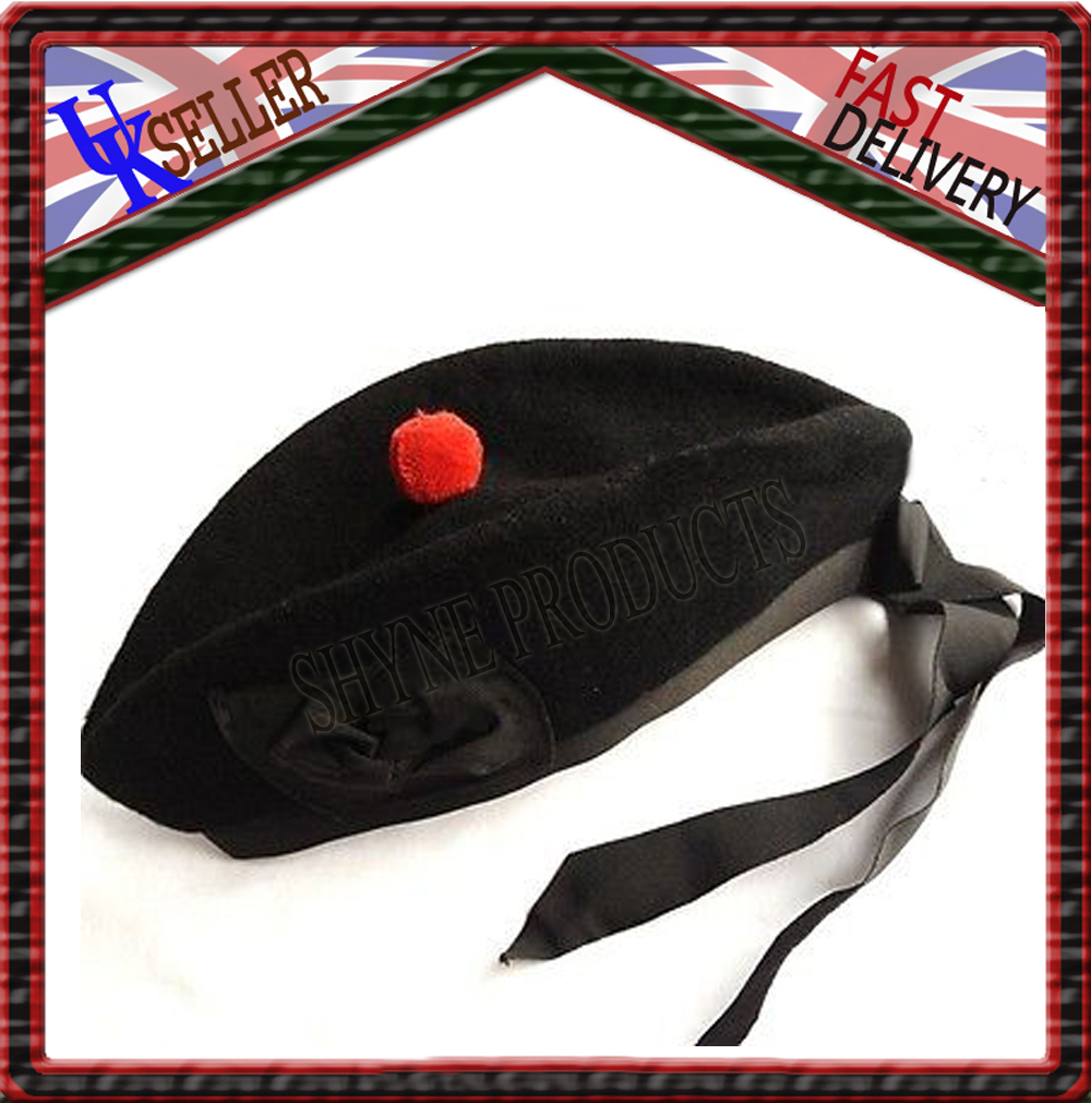 Glengarry Hat Plain Black -100% Pure Wool Classic Scottish Design SIZES 50-64CM