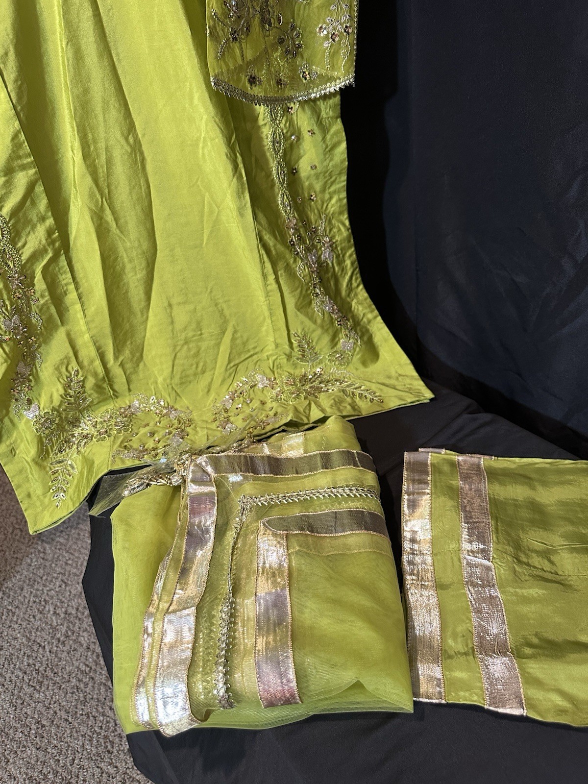 ASIAN STITCH ZARQUN BRAND – Emb Raw Silk Front & Back Emb, Net Lux Dupatta – $75