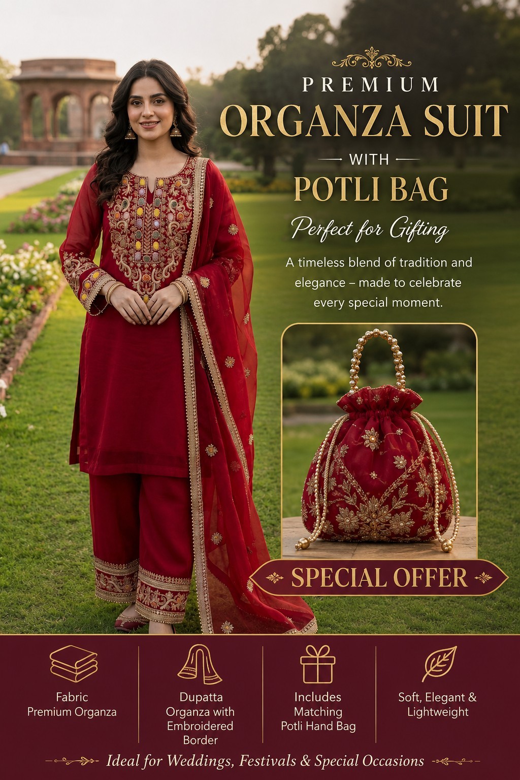 Custom Size Red Organza Salwar Suit With FREE Matching Potli Bag Hand…
