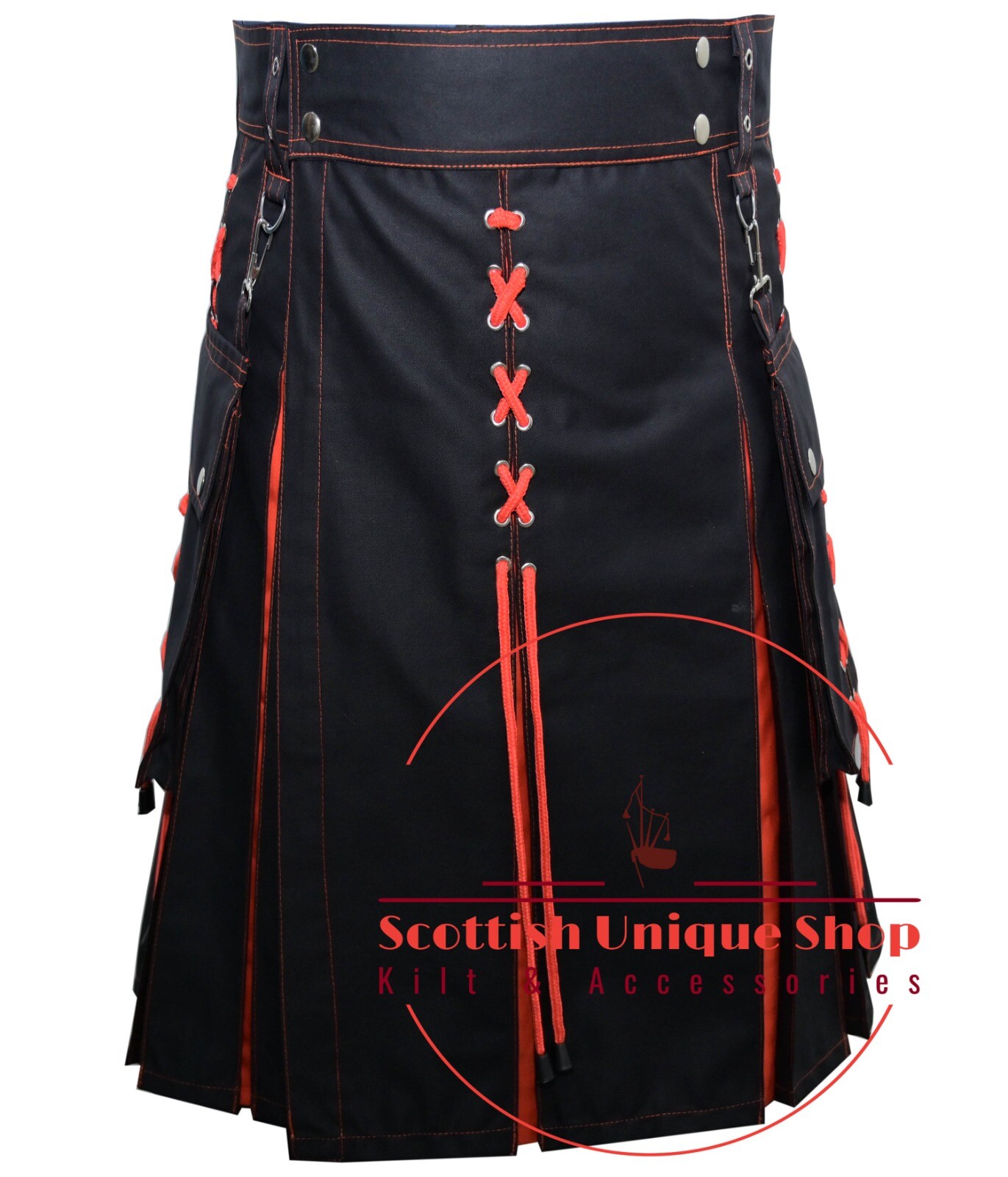 Scottish Handmade Hybrid Utility Kilt – Black & Orange cotton Kilt – Custom size