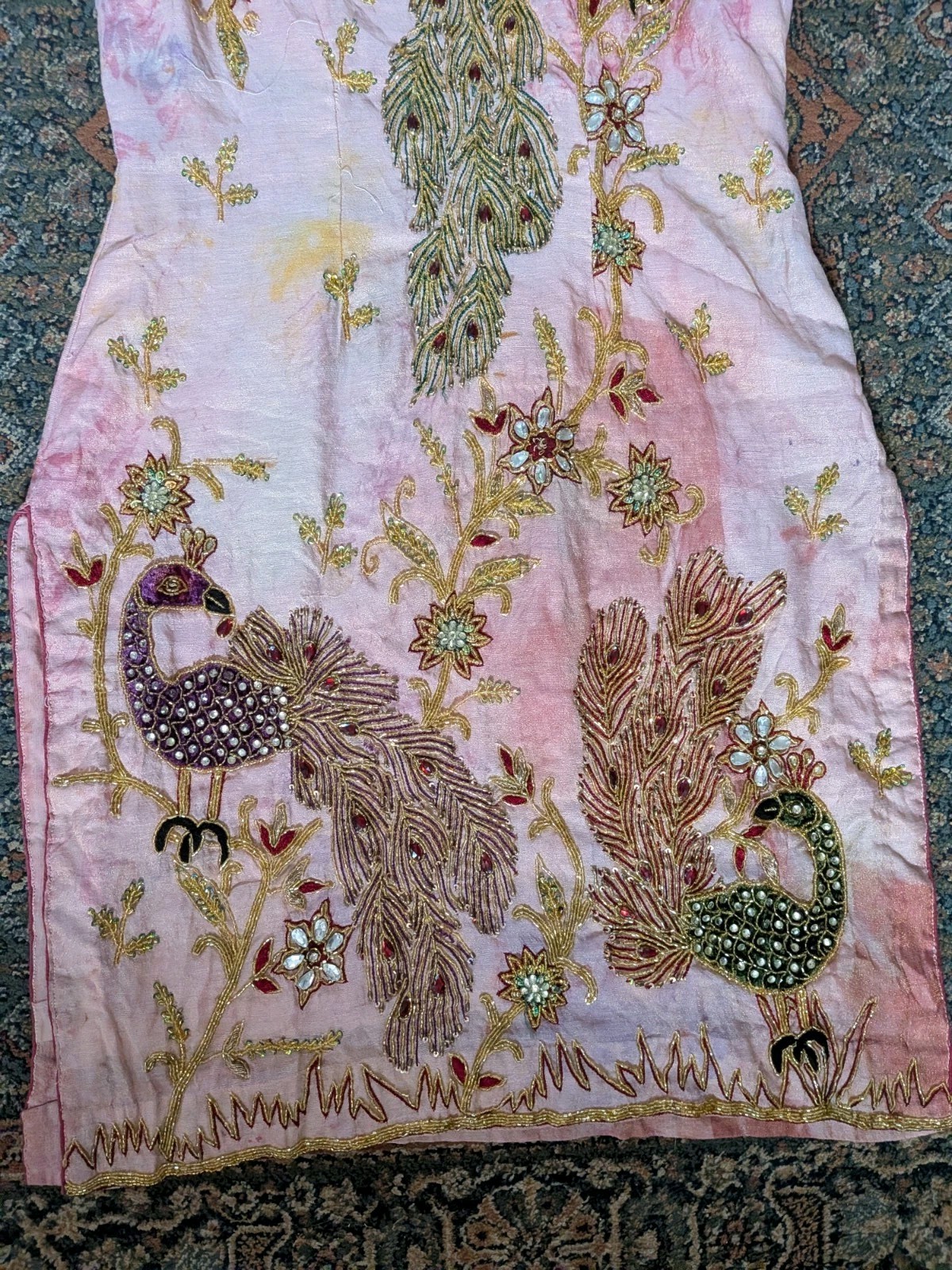 Vintage Hand Embroidered Beaded Peacock Indian Tunic Kurti Pink Boho Maximalist