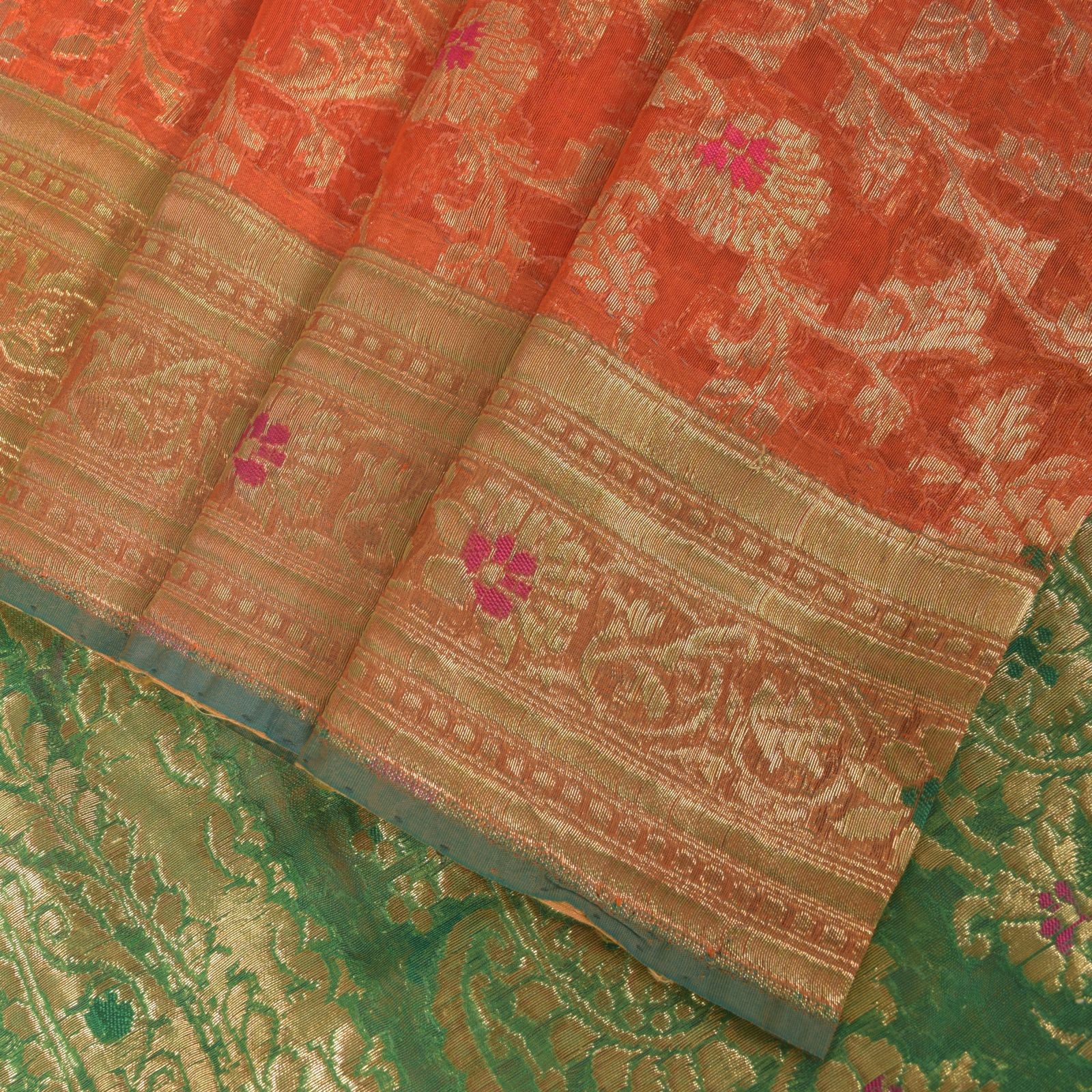 Sanskriti Vintage Orange Pure Silk Saree Banarasi Brocade Zari Hand-Woven 5+Yd