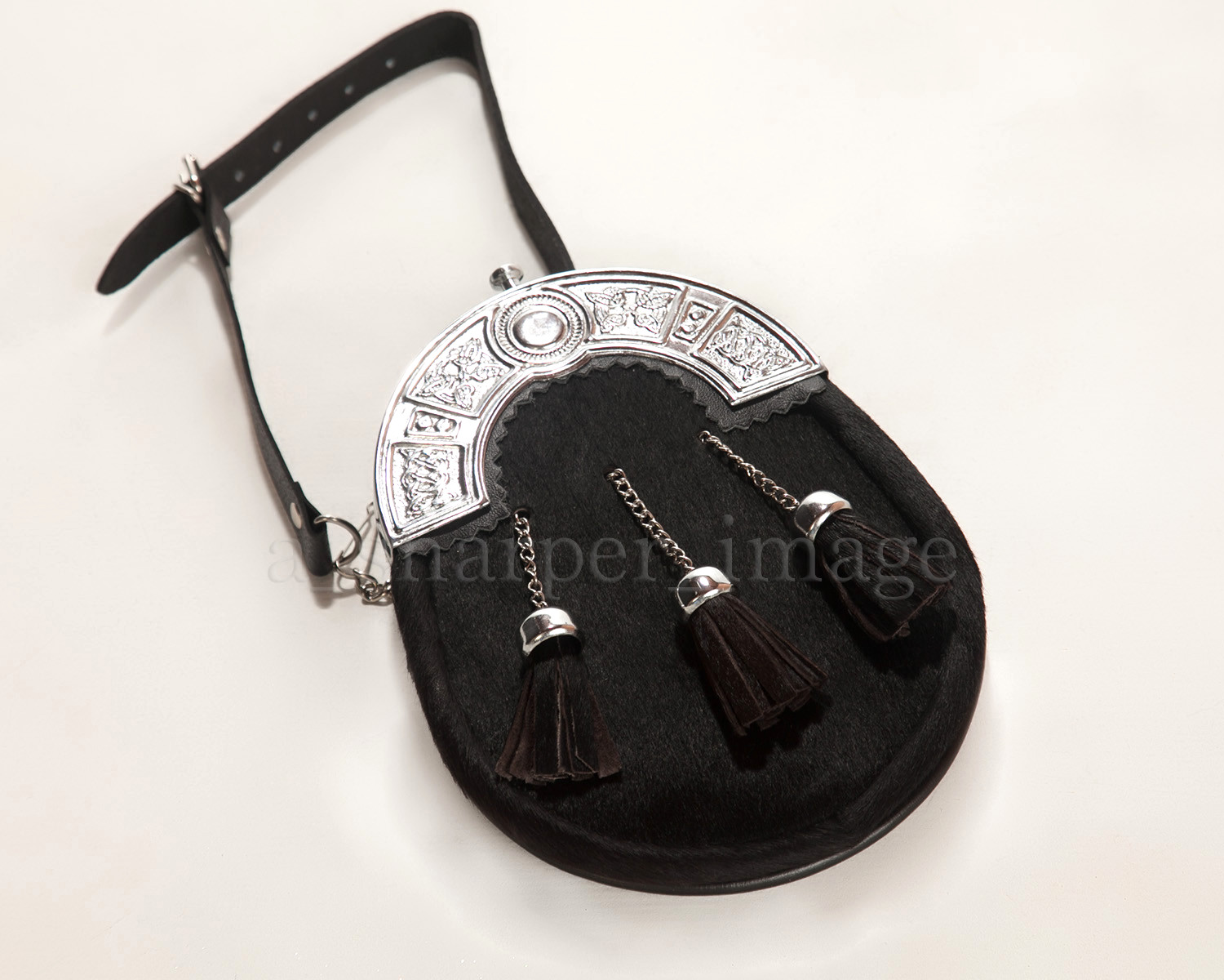 Celtic Sporran, Genuine Cowhide, Embossed Celtic Knots, Tassels, Carry Strap