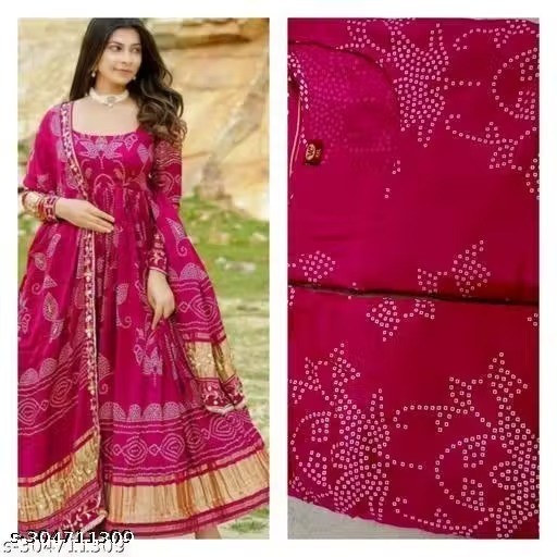 Indian Women’s Rayon Bandhej Printed Long Gown with Dupatta Maxi Anarkali Dress