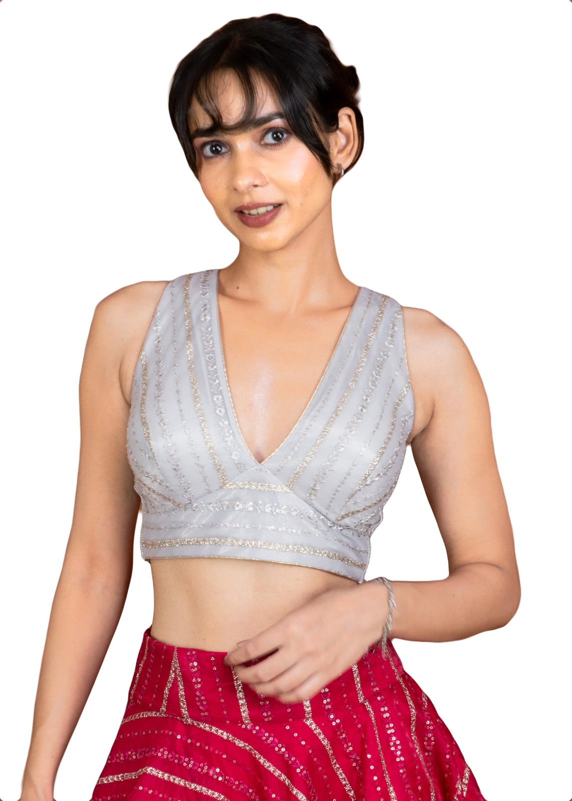 FIGURE’S DESIGNER Women’s Sequin Saree Blouse Choli V Neck Sleeveless Silver