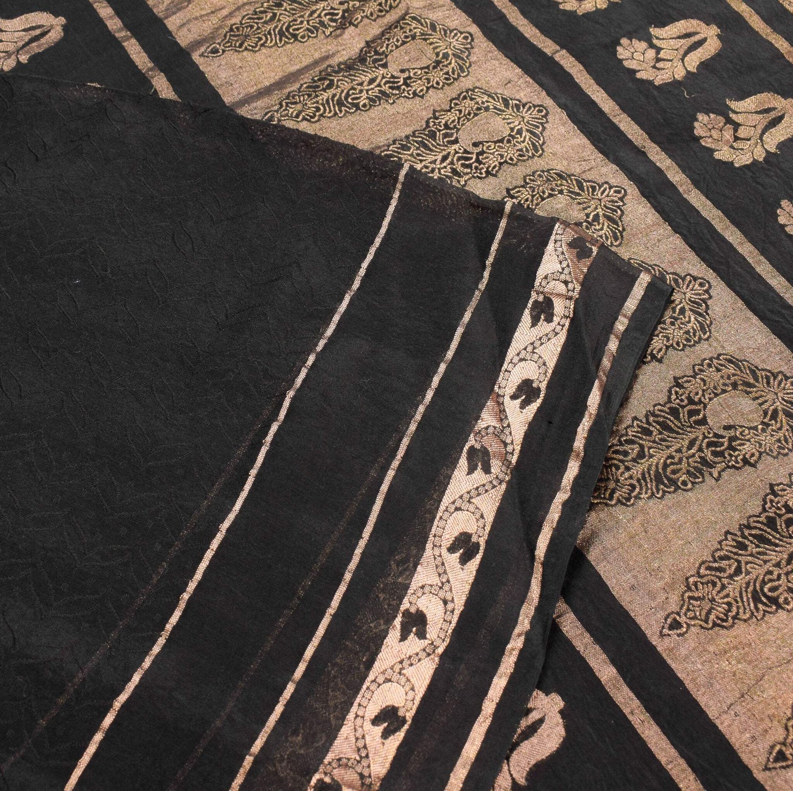 Sushila Vintage Banarasi Brocade Saree Pure Cotton Silk Black Indian Sari Fabric