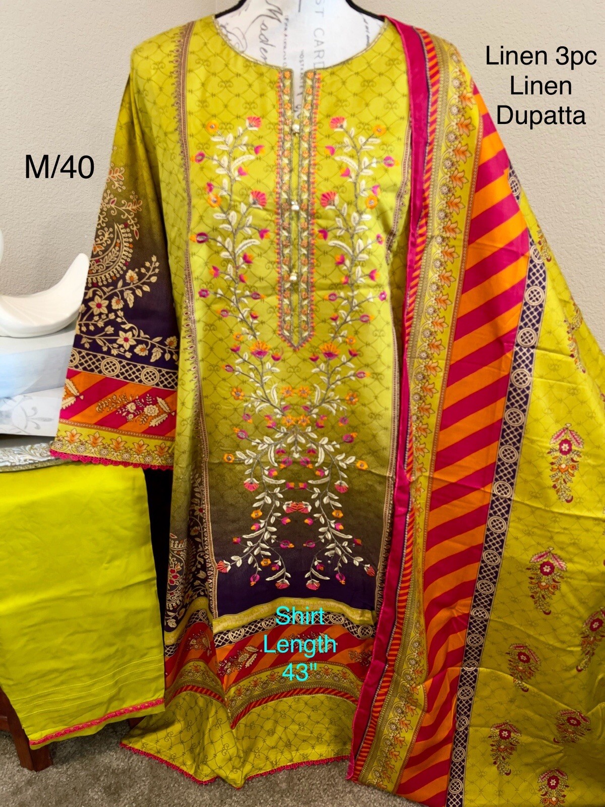 M Size 40 LINEN 3pc Shalwar Kameez Stitched Embroidered Suit Pakistani Indian