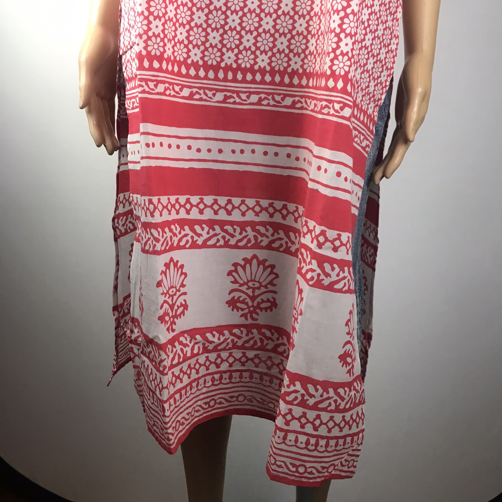 Women’s Kurta Kurti Red/white Floral Print Long Tunic Coverup L NWOT