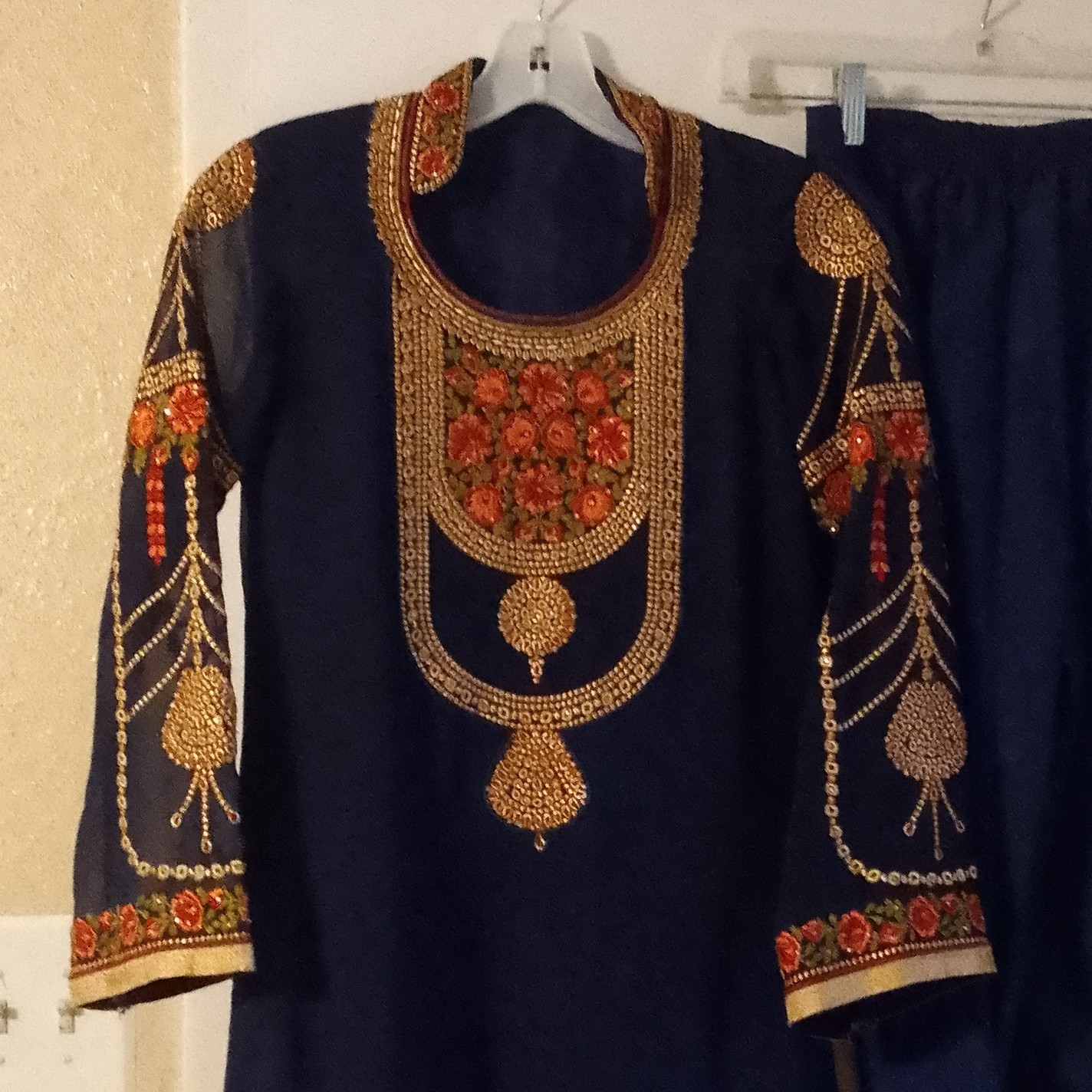 Women’s Blue Embroidered Salwar Kameez 2-Piece Suit Set, One Size, Synthetic