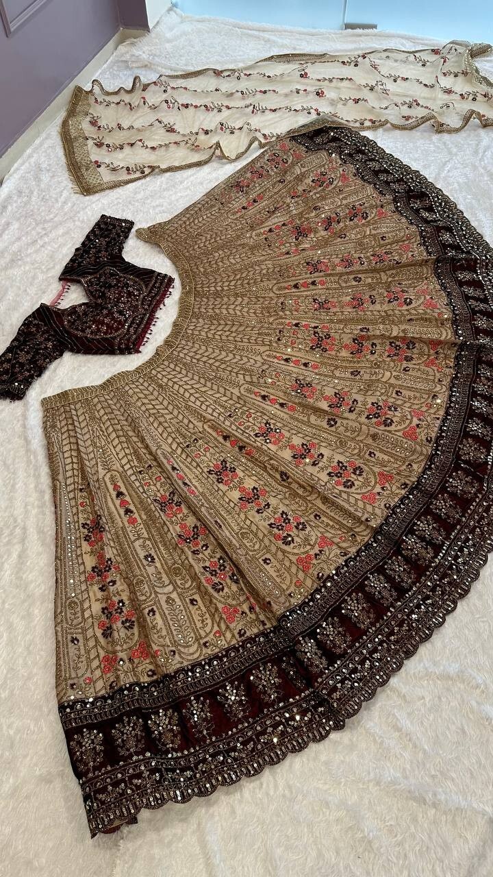 Latest Party Wear Beige Kasturi Silk Lehenga Choli With Net Dupatta For Women