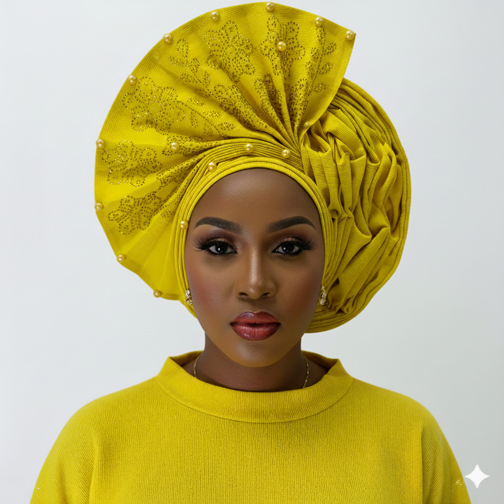 African Gele Fabric Turban Headtie Made Head Wear Hat Aso-Oke Auto Gele Beaded