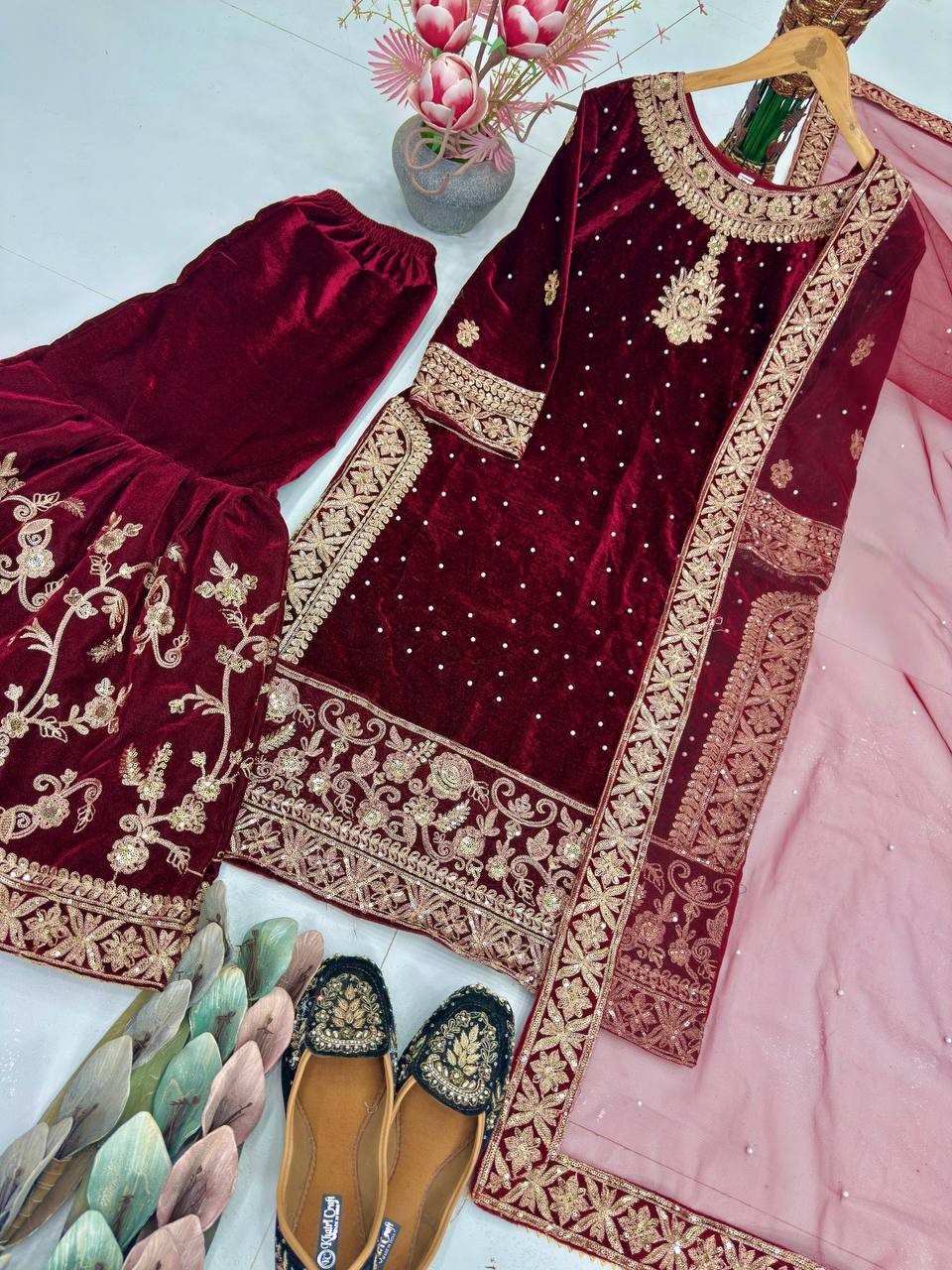 New Beautiful Maroon Heavy Velvet Top Palazzo With Dupatta For Wedding Wear