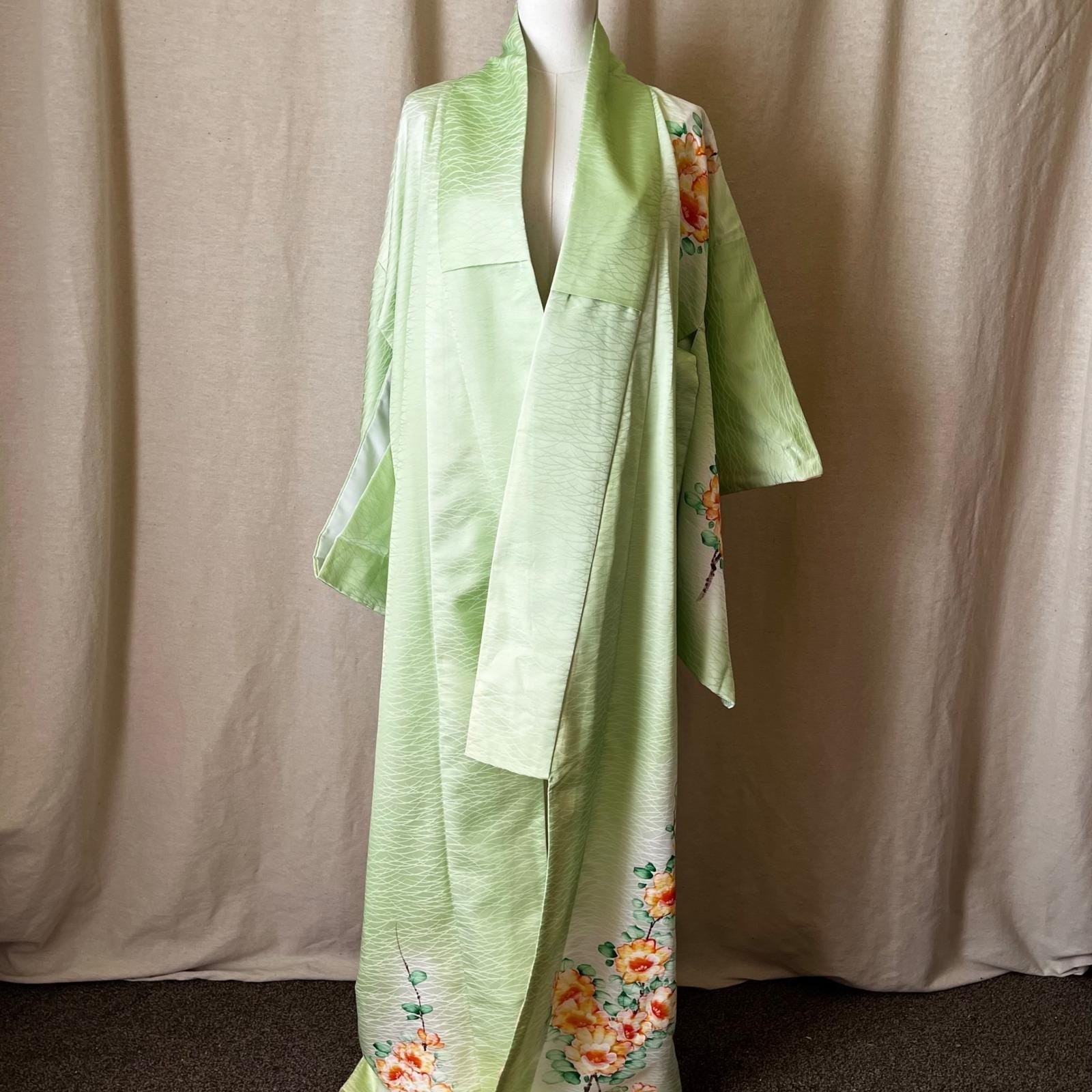 Hand Painted Silk Kimono Mint Green Peony Uchikake Long 63″ OS