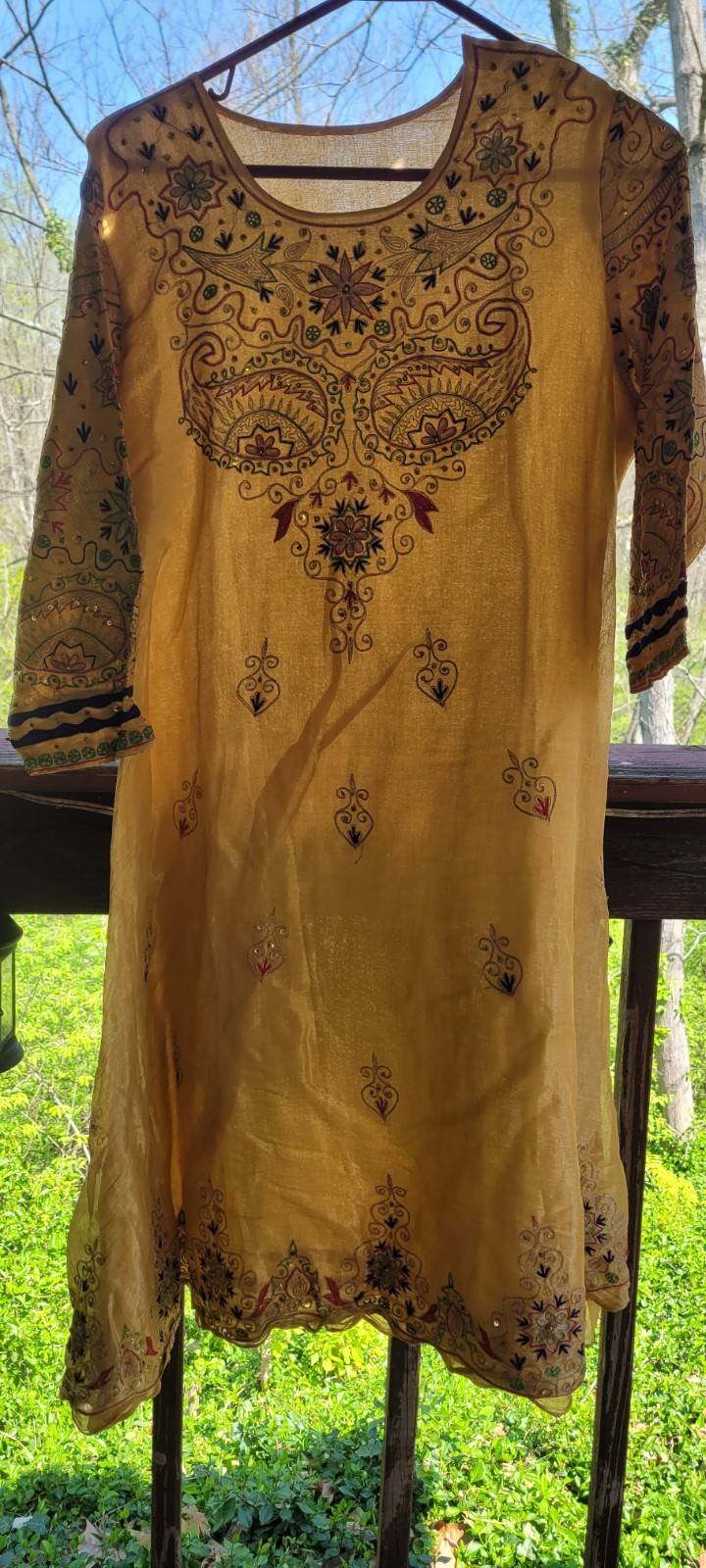 Handmade Yellow Embroidered Cotton Kurta Women Medium Size