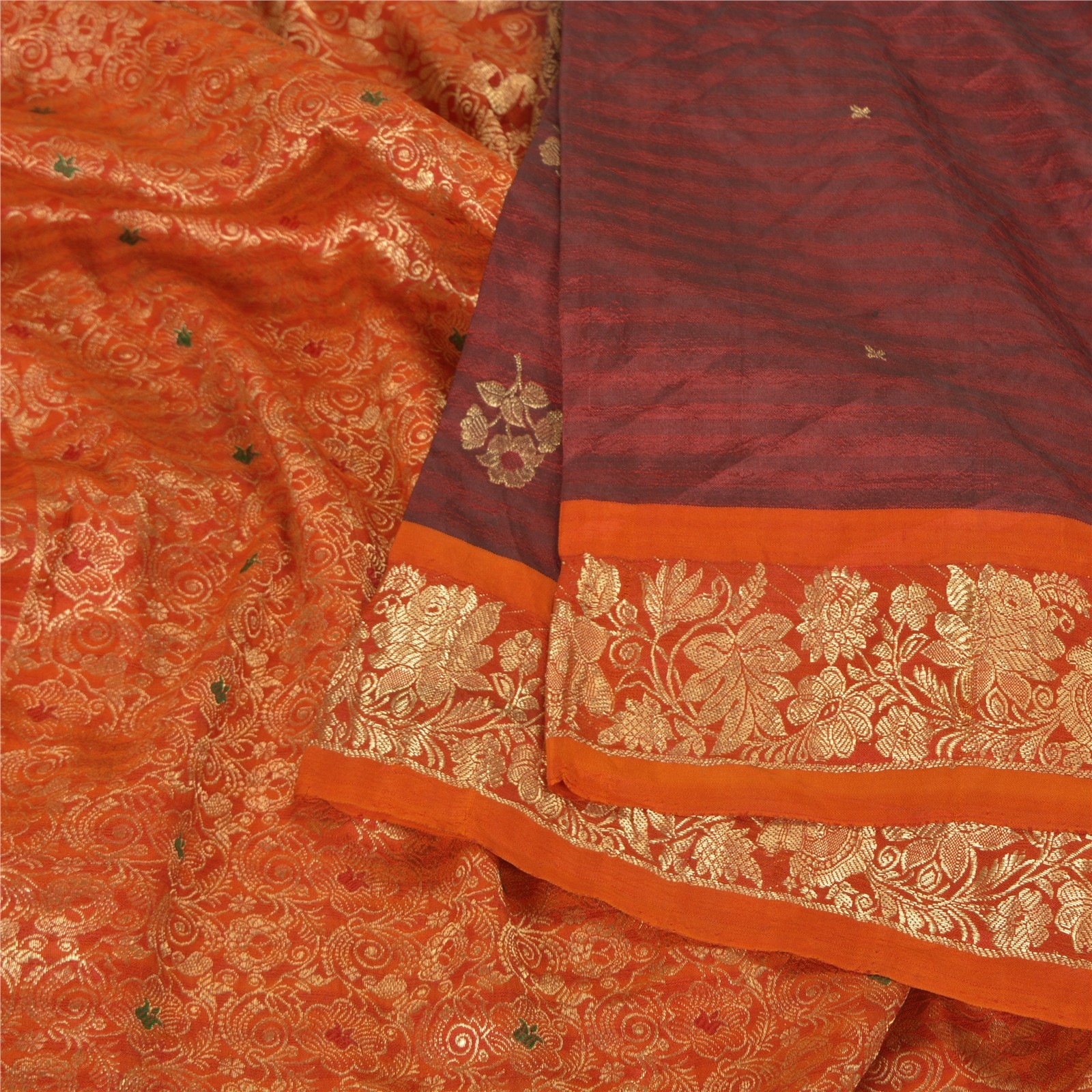 Sanskriti Vintage Dark Red Heavy Sarees Pure Silk Woven Brocade Sari Fabric