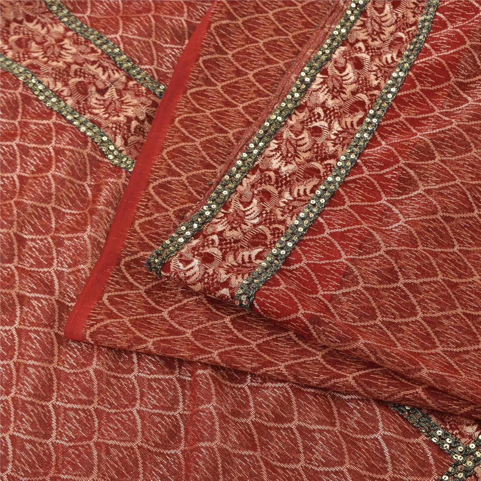 Sanskriti Vintage Sarees Net Mesh Hand Beaded Woven Ethnic Sari 5Yd Craft Fabric