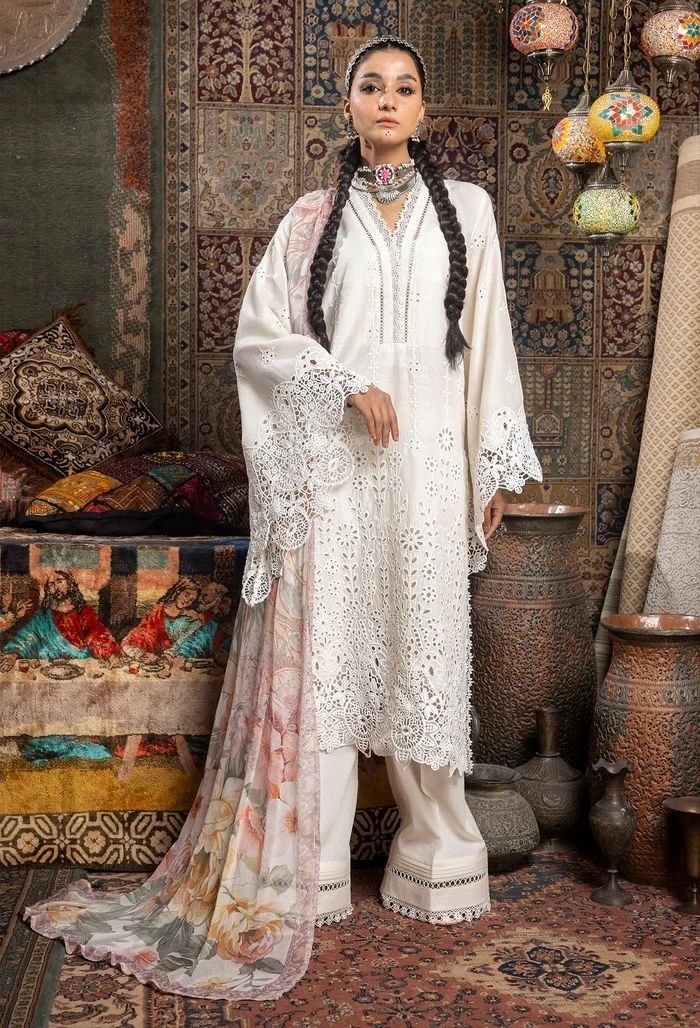 Sophisticate Schiffli embroidered lawn suit with digital printed chiffon dupatta