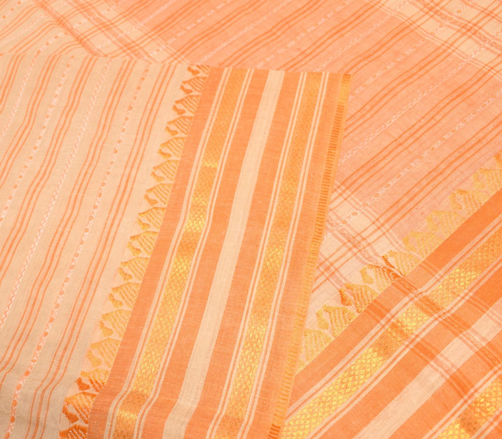 Sushila Vintage Pure Cotton Saree Stripes Woven Broad Border Brown Sari Fabric