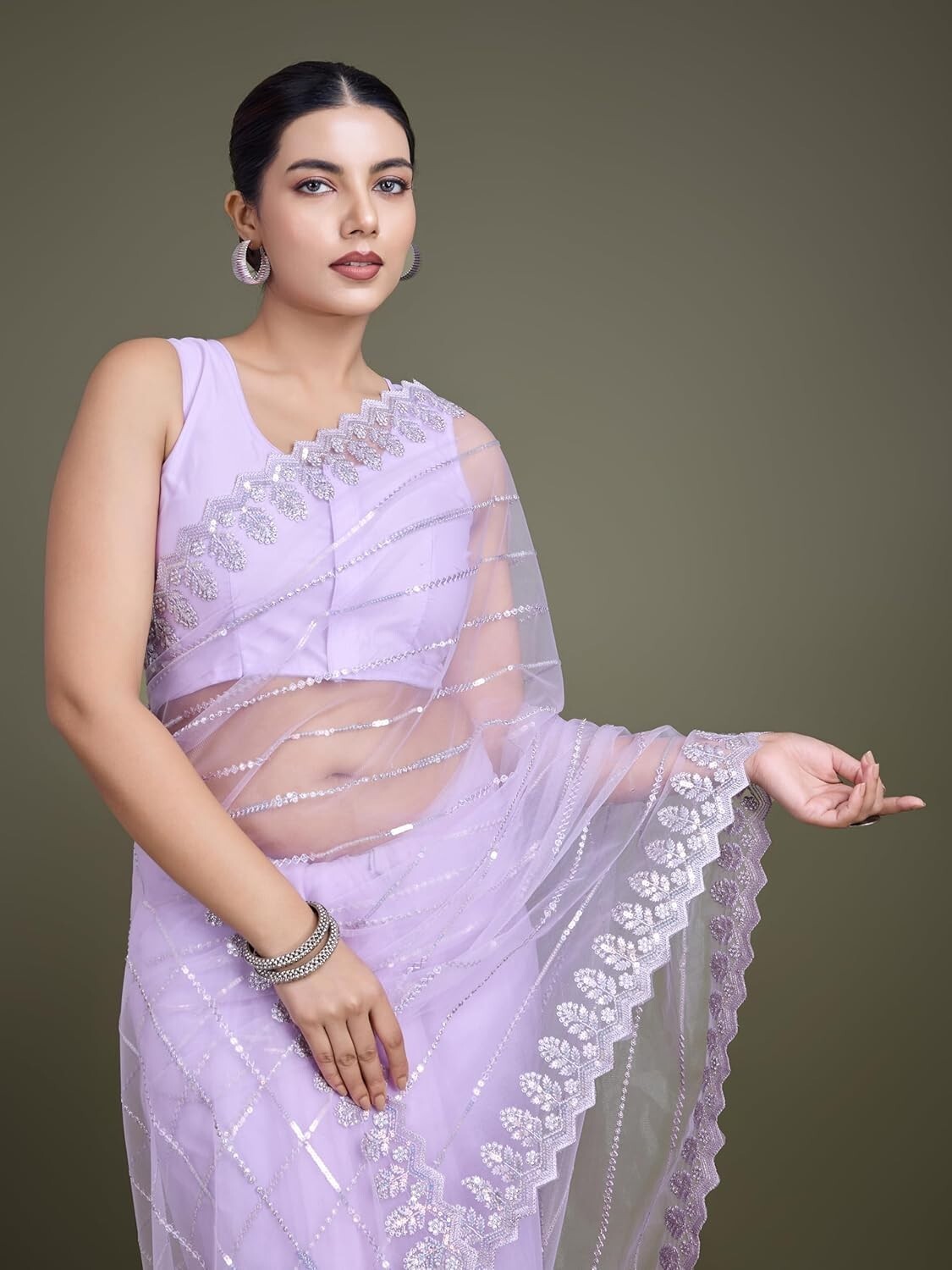 Women’s Sequin Work Soft Net Fancy Look Saree With Unstitched Blouse Piece