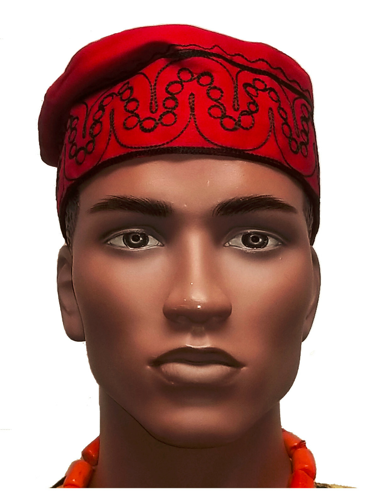 African Red Kufi Hat with Black Embroidery