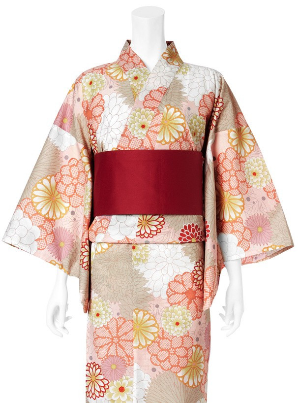 Japanese Yukata Set Women Cotton Kimono Summer Festival “Chrysanthemum Peony”