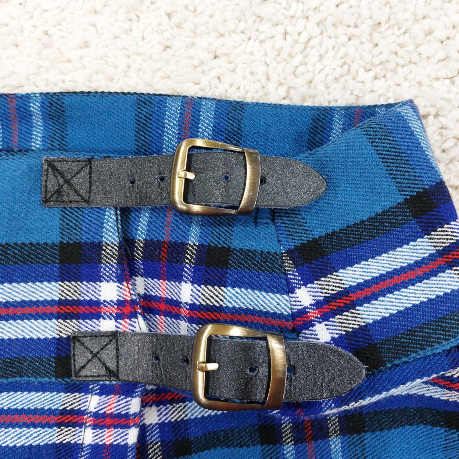 PD Kilts Wool Blend Kilt Sz 42, Blue Plaid, Leather & Brass Belt, Mini Length