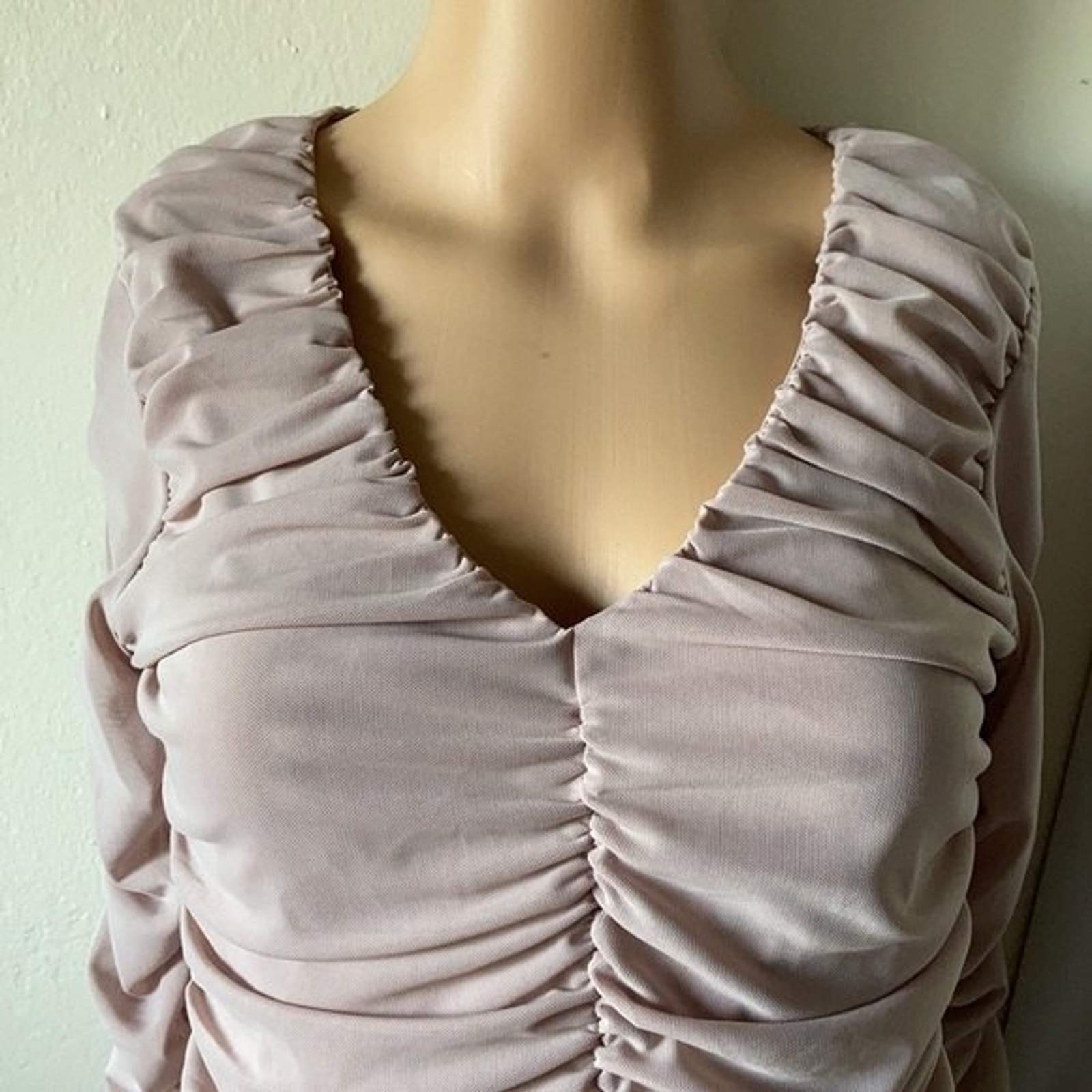 Stella Luce Dusty Mauve Sheer Ruched Long Sleeve Blouse (M)