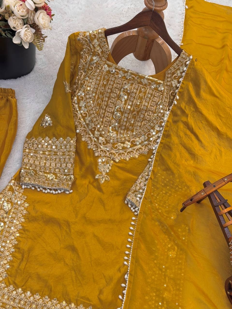 Trending Designer Yellow Silk Kurta Palazzo With Dupatta For Wedding & Party
