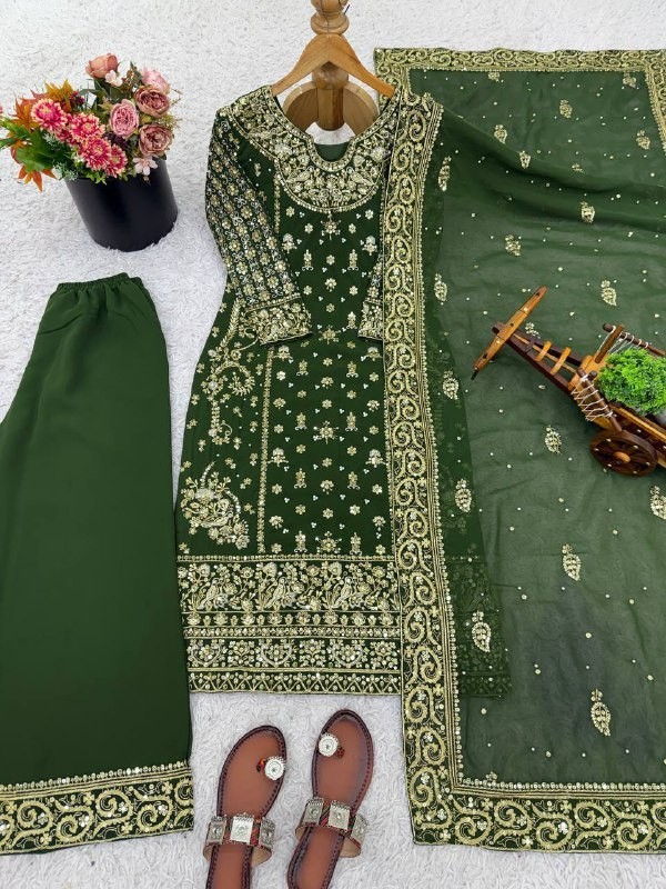 Fancy Designer Heavy Georgette Green Palazzo Suit And Dupatta For Function Wear