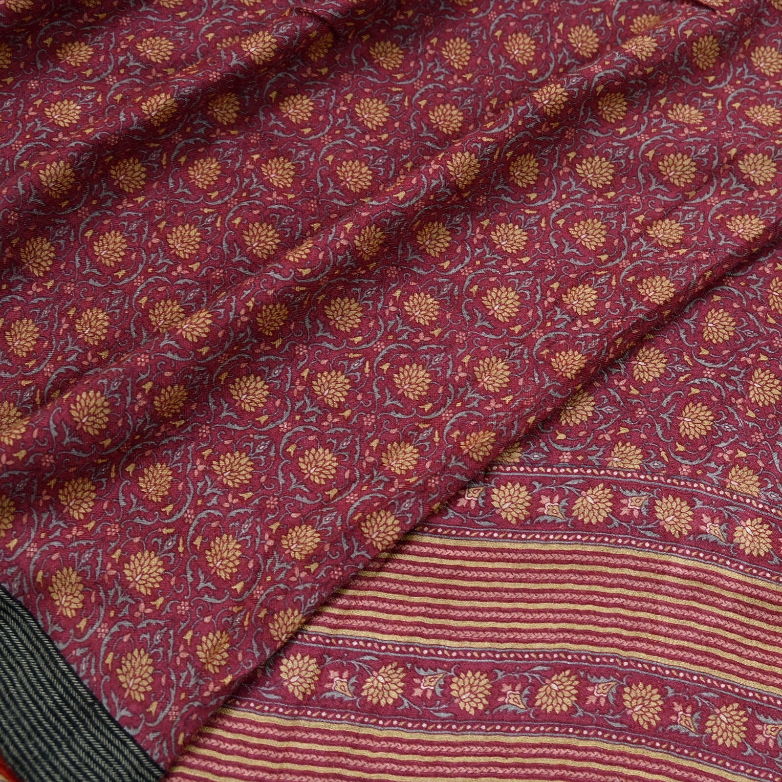 Vintage Maroon Heavy Saree Pure Woolen Woven Printed Sari Craft Fabric 5Yd Soft