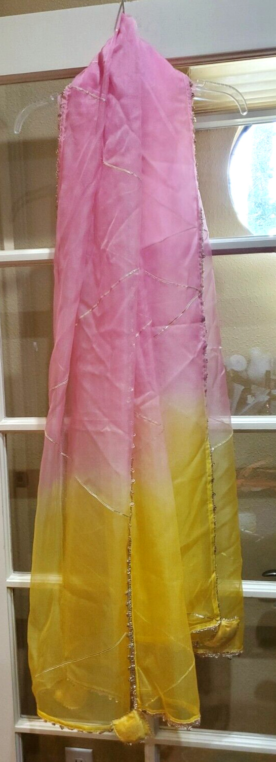 Shawl Wrap Saree Sari Pink Yellow w/ gold trim embellishment sheer approx 4’x42″