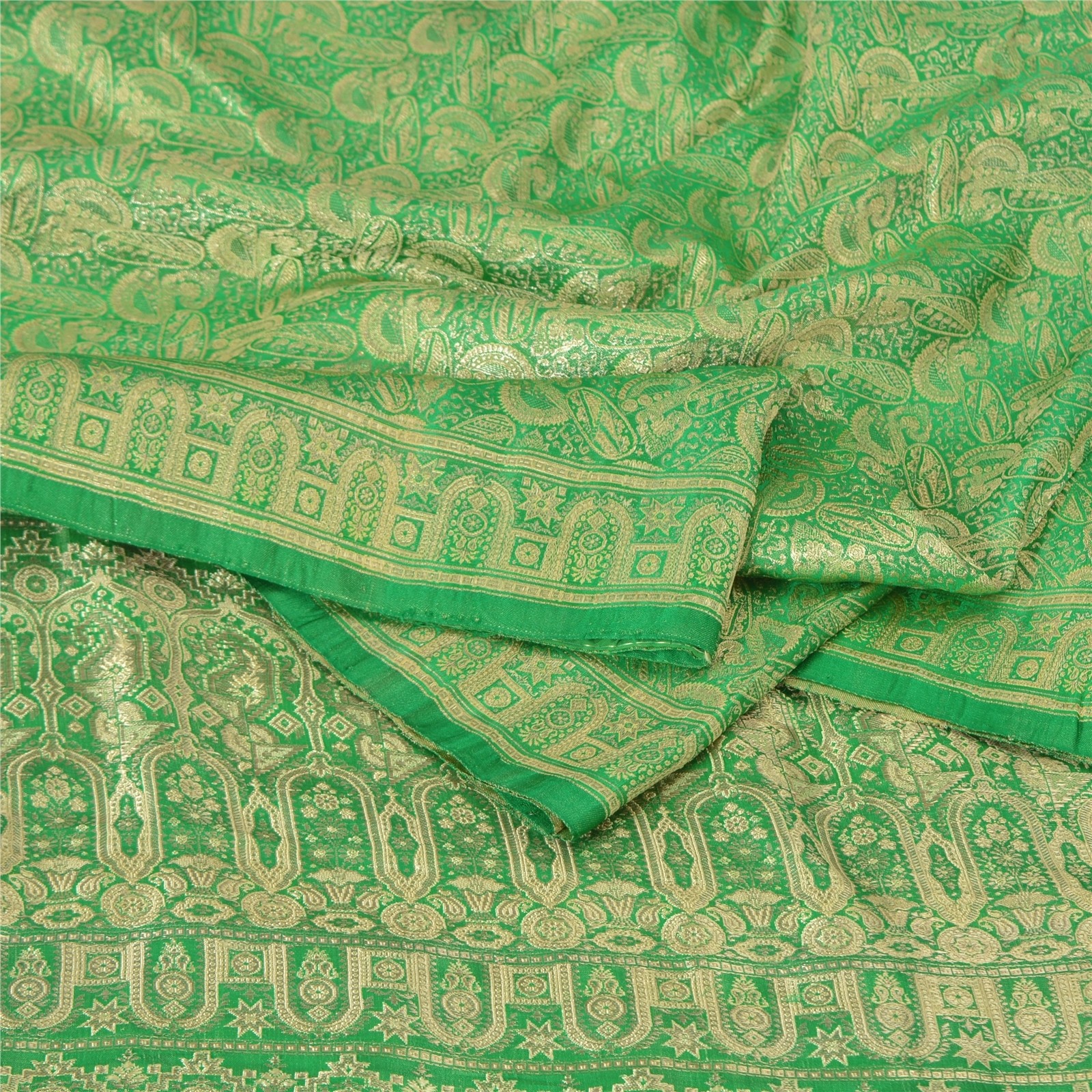 Sanskriti Vintage Green Sarees Pure Silk Zari Hand Woven Brocade Banarasi 4.5+YD