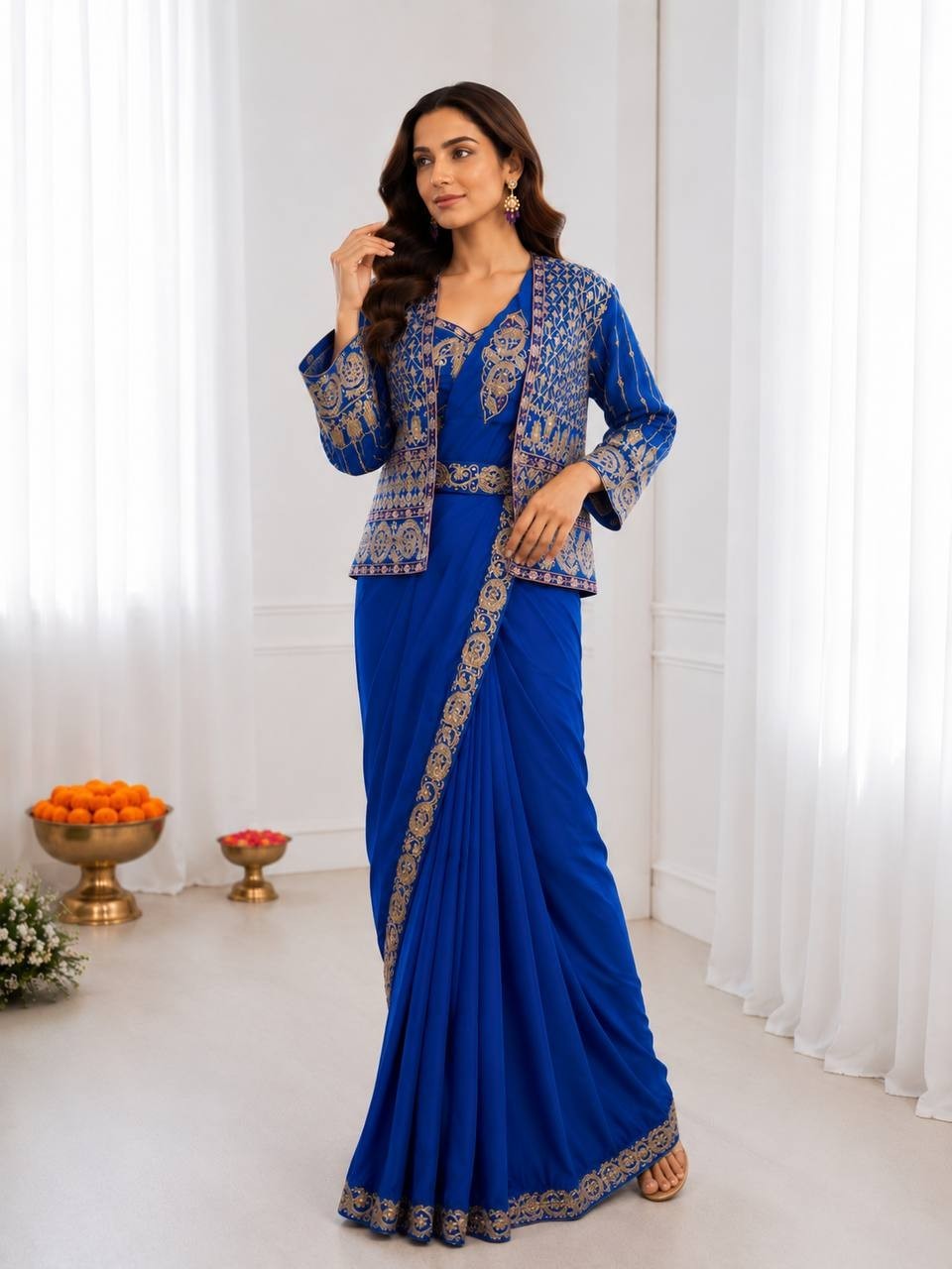 Wedding Reception Ready to Wear Crepe Silk Saree with Embroidered Jacket