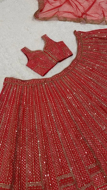 Heavy Designer Red Malai Satin Lehenga Choli With Dupatta For Party & Reception