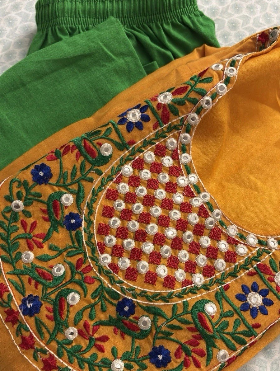 Mustard Yellow Embroidered Mirror Work Kurti Set – 2 Piece (32 Bust)- Length 38