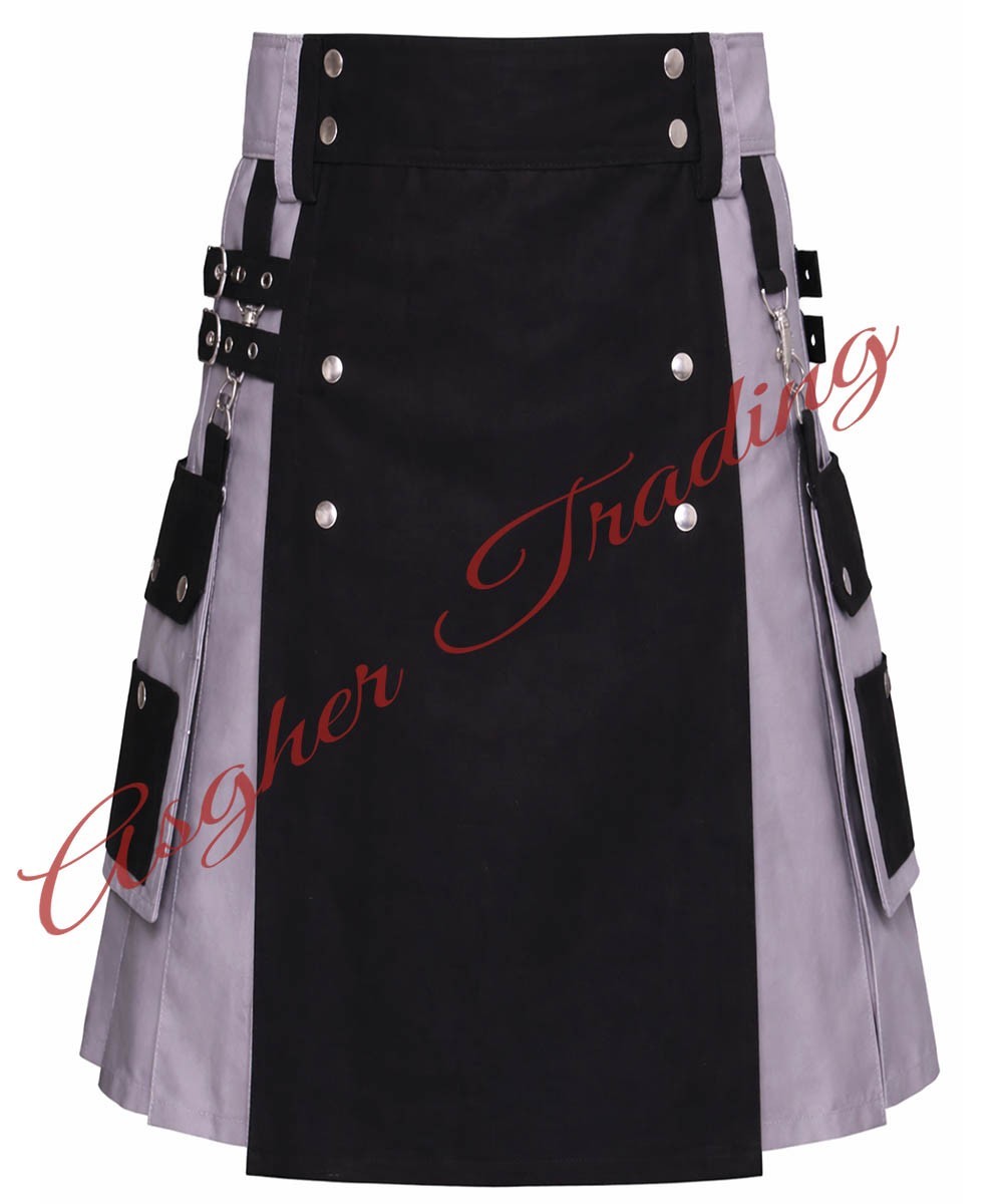 Handmade Grey & Black kilt Cotton Hybrid Utility kilt For Men, Custom Size Kilts