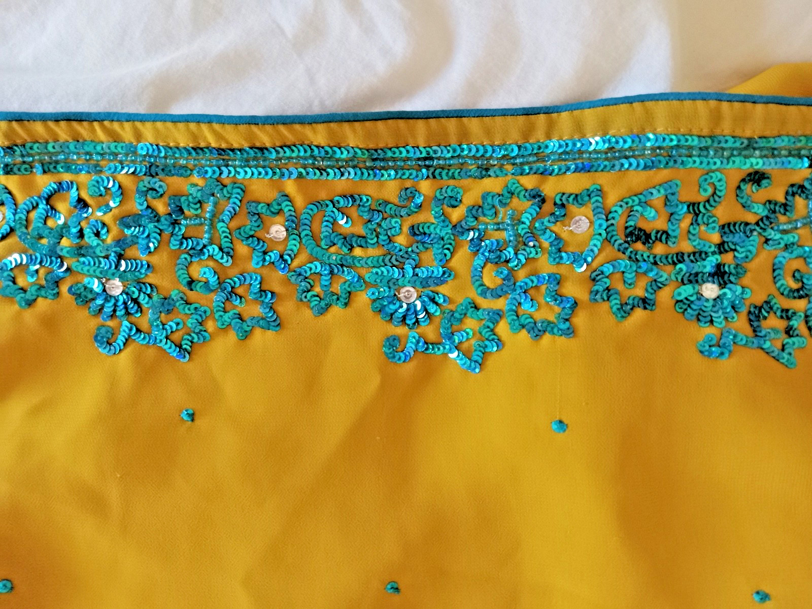 Yellow Chiffon Saree with Aqua Blue Sequins and Blouse (size medium-large)