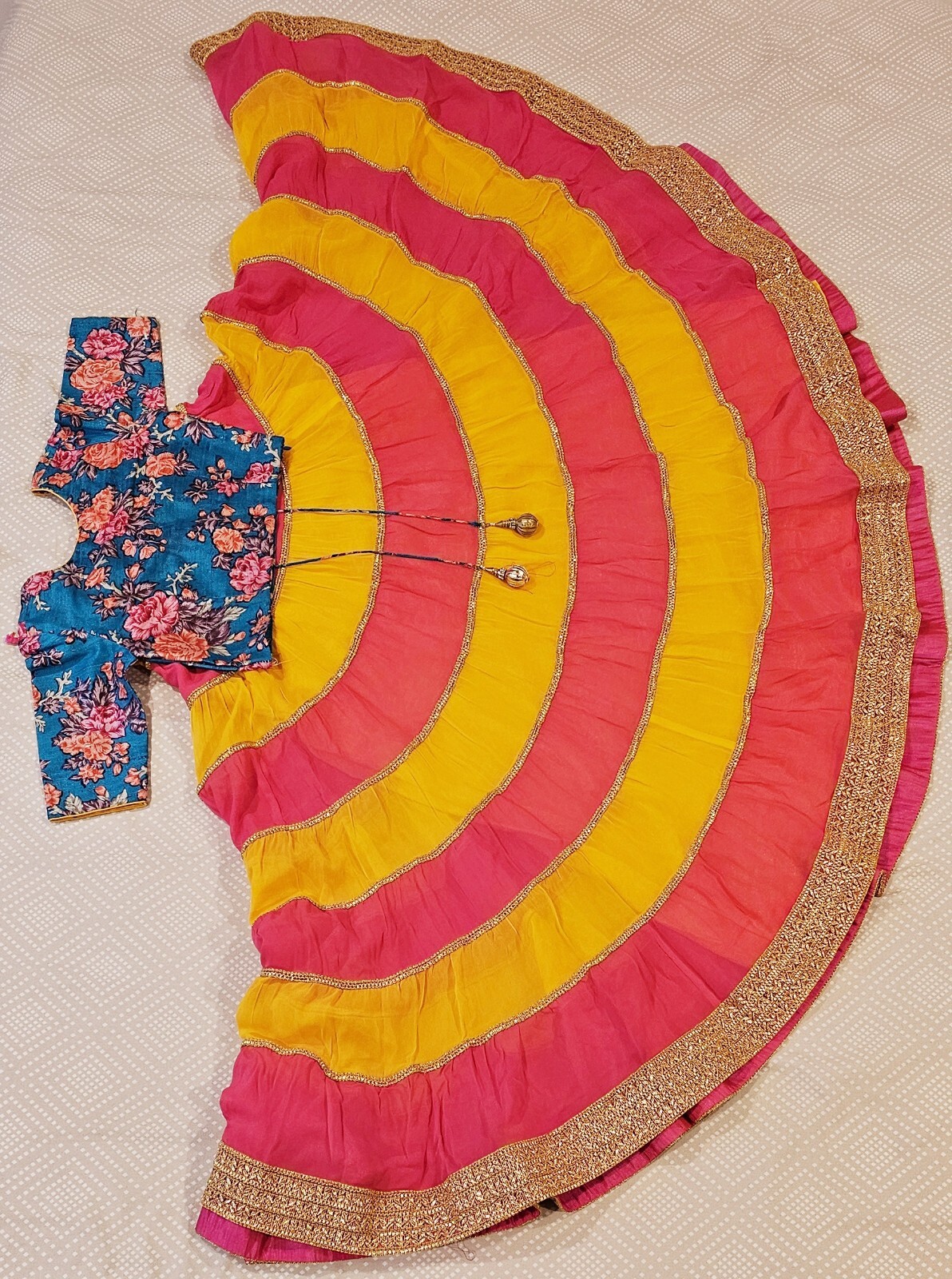 Girls Bollywood style Floral Blue Crop Top with Yellow & Hot Pink Lehenga