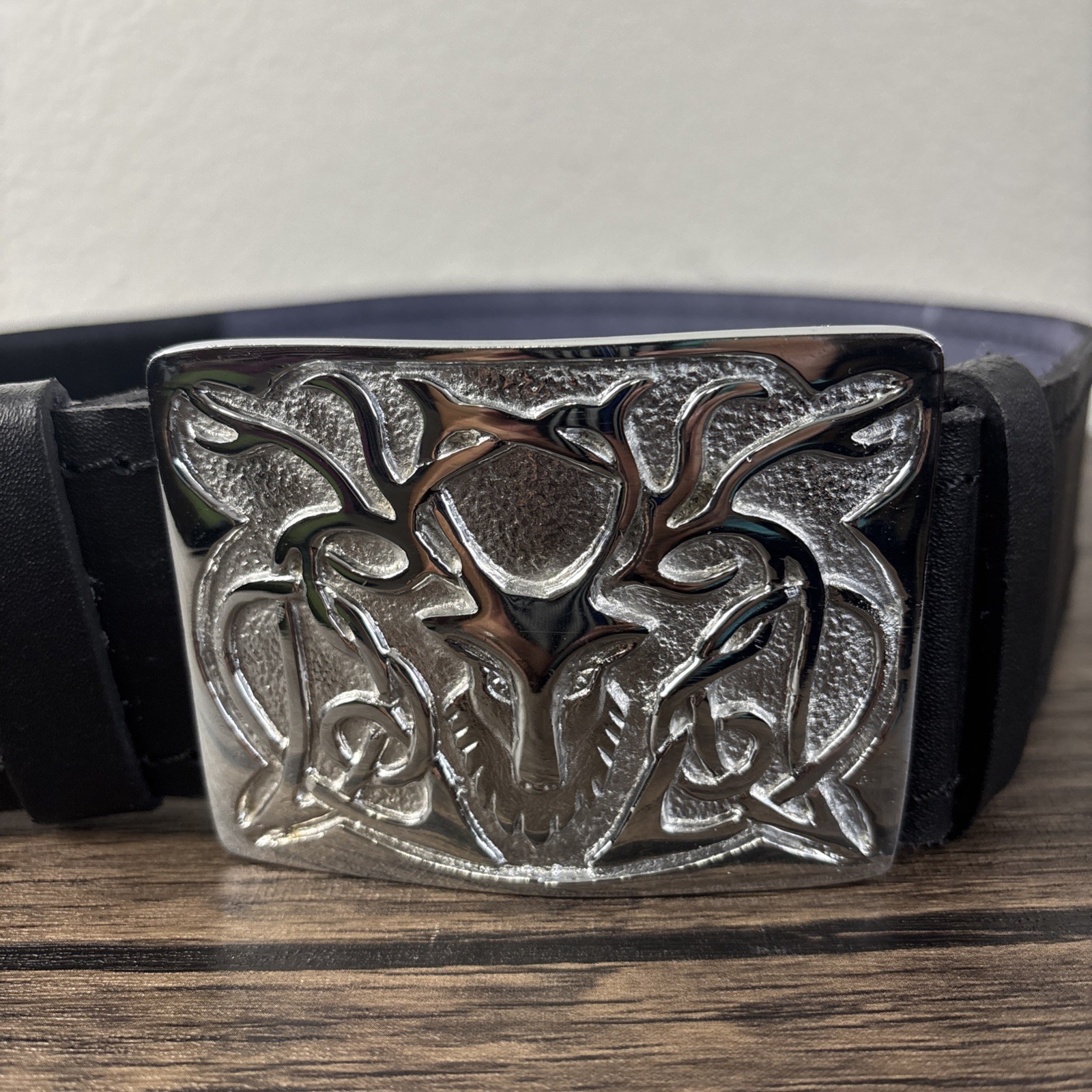 Black Leather Kilt Belt Silver Celtic Stag Deer Buckle Scottish Highland Costume